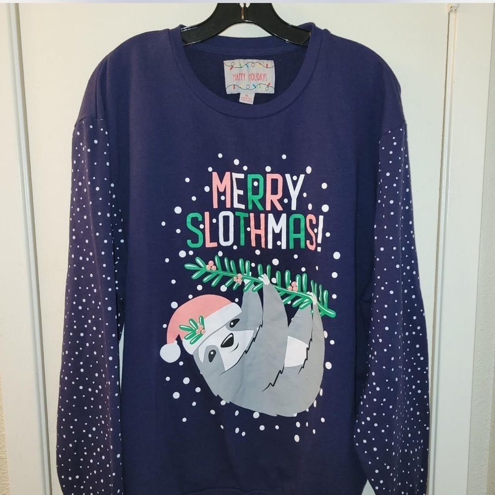 Happy Holidays Merry Slothmas Christmas Navy Blue Sweatshirt Size 2XL